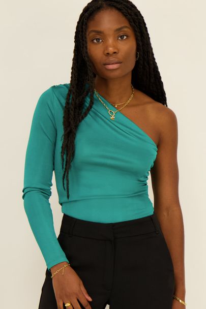 Turquoise glanzende one-shoulder top gedrapeerd 