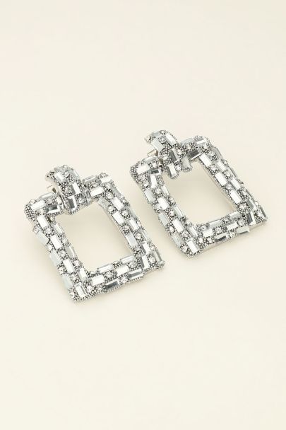 Universe silver statement earrings square with rhinestones