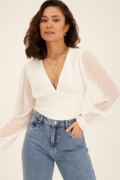 Witte crop top met rechthoekjes & smock tailleband