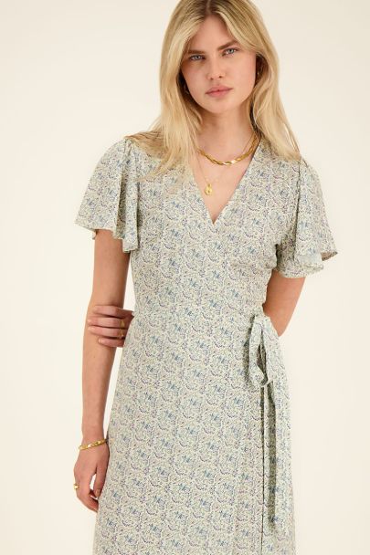 White midi wrap dress with blue floral print