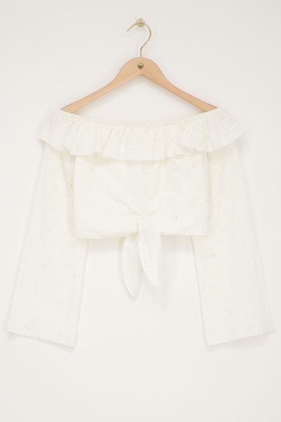 White off-shoulder top with embroidery and bow detail