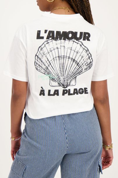 Weißes T-Shirt mit schwarzem ''L'amour a la plage''