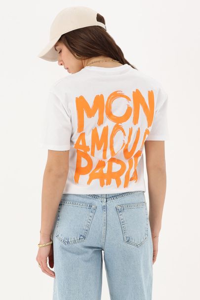 Wit T-shirt met oranje "Mon amour Paris"