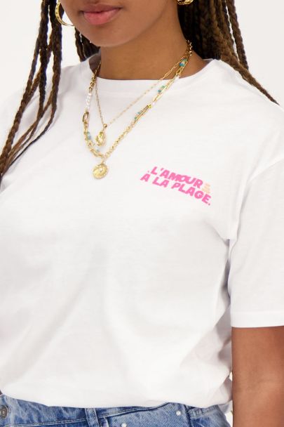 White T-shirt with pink ''L'amour a la plage''