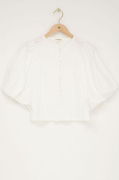 Witte jacquard top met pofmouwen