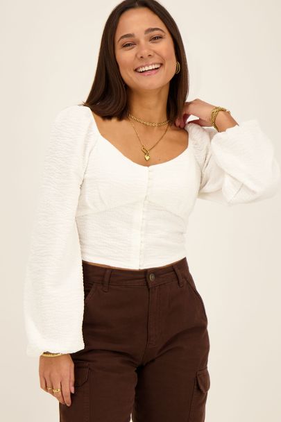 White puff sleeved button up top 