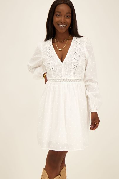 White embroidered balloon sleeved dress