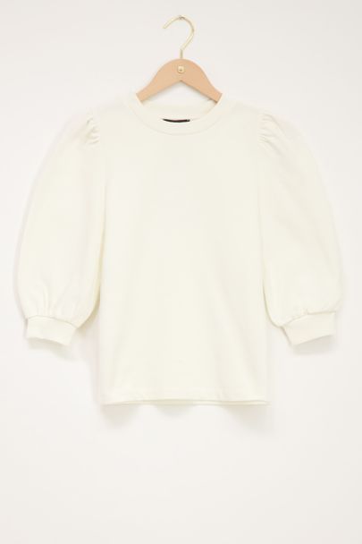 White sweater with 3/4 length puff sleeves