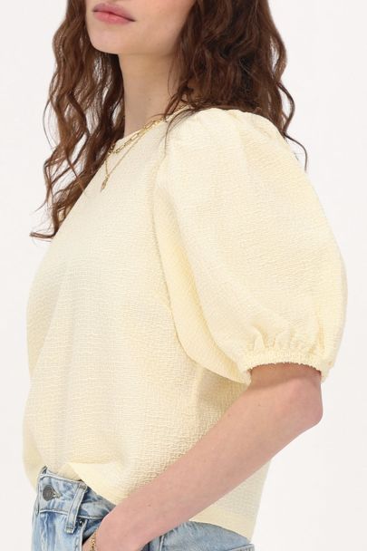Top en tissu bouclette jaune avec manches bouffantes