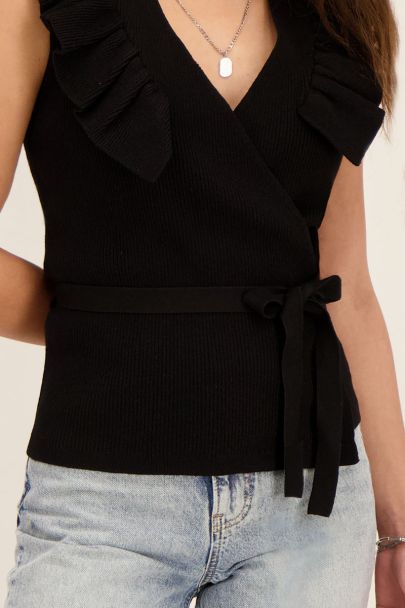 Zwart mouwloos overslagvest met ruffle 