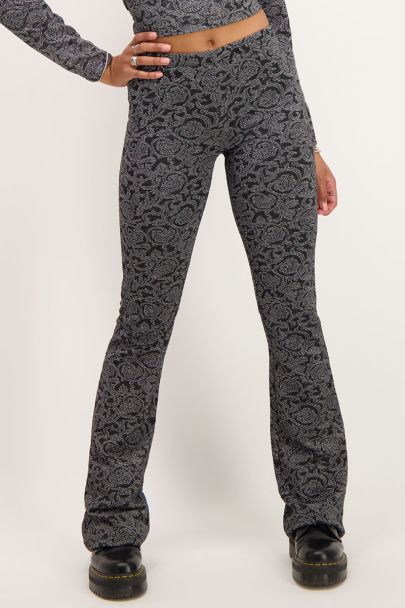 Black baroque print flared trousers
