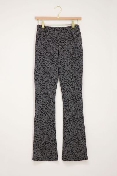 Black baroque print flared trousers