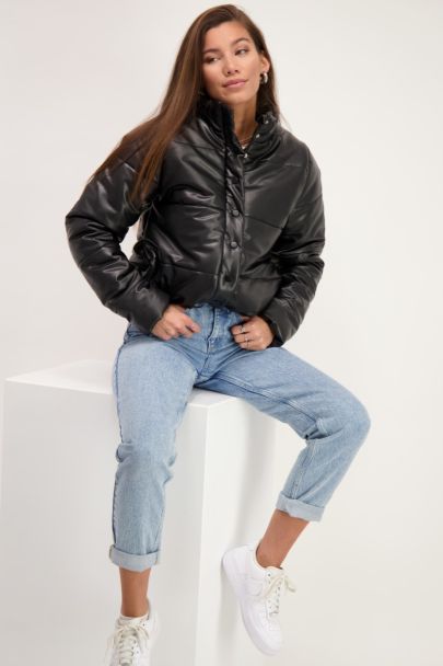 Black leather look puffer jacket