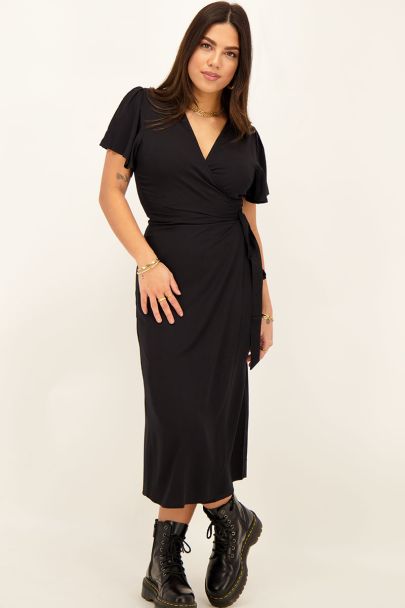 Robe portefeuille midi noire à manches chauve-souris