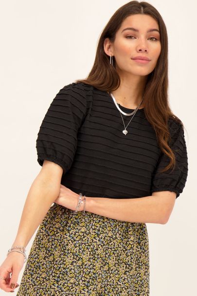 Black rib structured top with puff sleeves