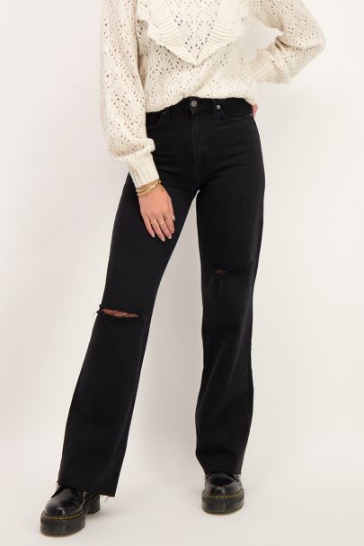 Zwarte wijdvallende jeans met scheuren