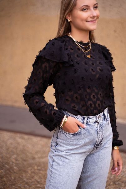 Zwarte blouse met bloemen & ruffles