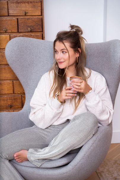 Black and white patterned flared trousers