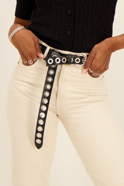 Black leather belt featuring silver rings