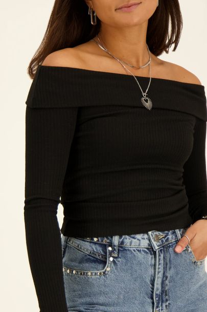 Zwarte off-shoulder top met rib structuur