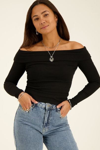 Zwarte off-shoulder top met rib structuur