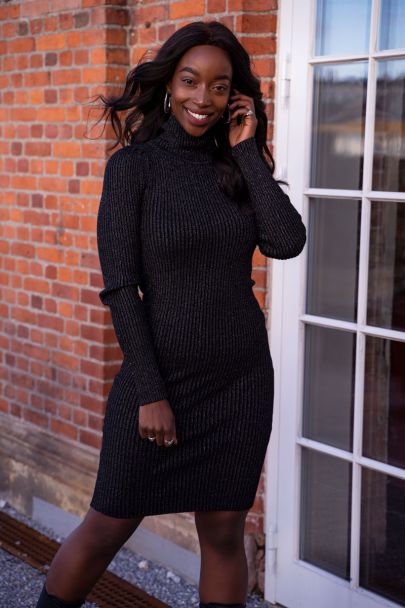 Black turtleneck rib dress
