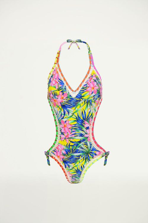 Badpak geel bloemen tropical, Badpak dames