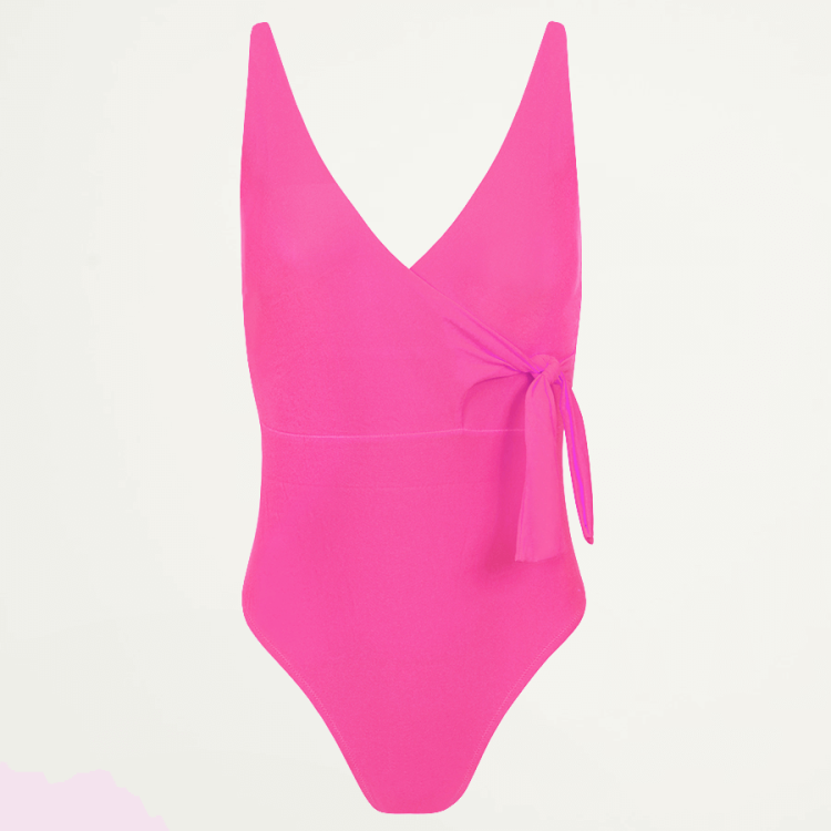 Fuchsia badpak met overslag, wrap swimsuit