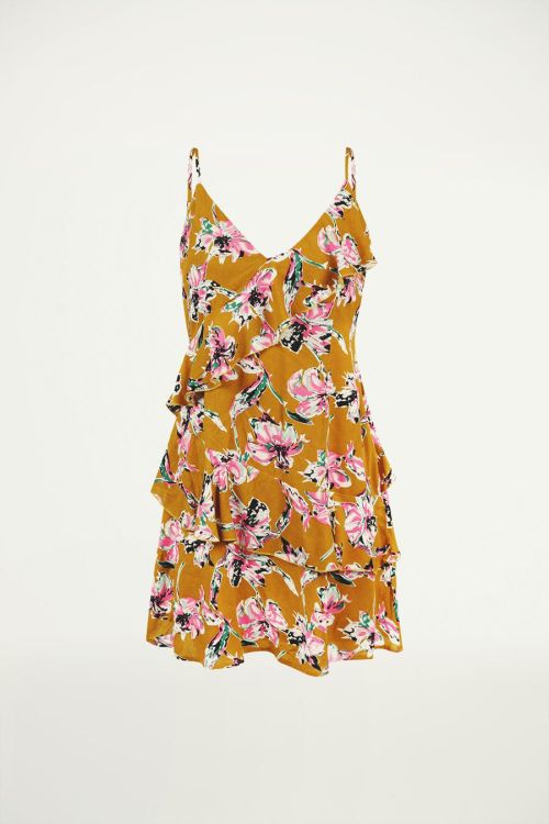 Gele jurk met spaghettibandjes en bloemenprint, ruffle jurkje