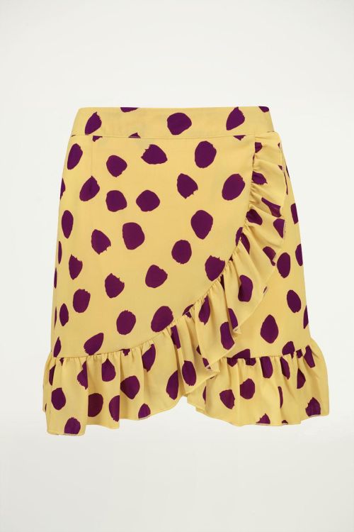 Gele ruffle rok met stippen, overslag rok