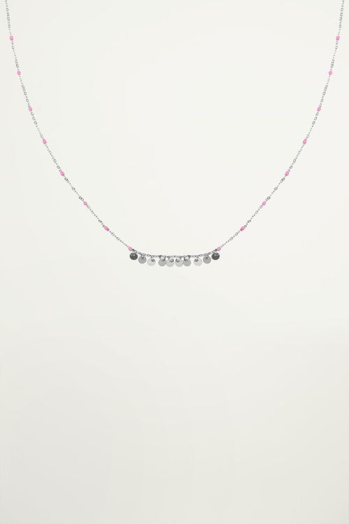 Pink necklace with beads and coins, coin necklace