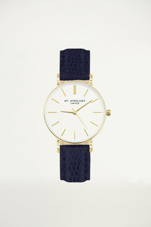 Klein horloge in donkerblauw met slangenprint, smal horloge