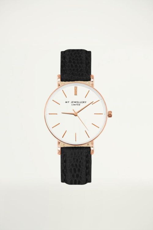 Klein horloge in zwart met slangenprint, smal horloge