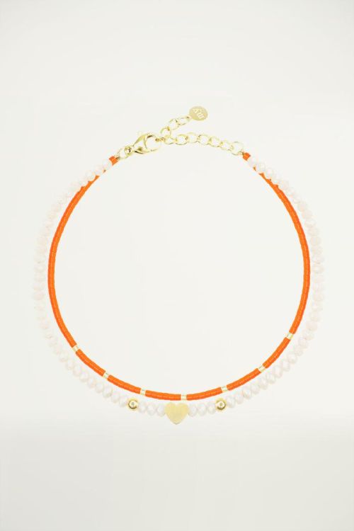 Koraalkleurige dubbele armband hart, kralenarmband