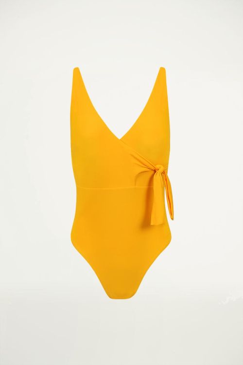 Oranje badpak met overslag, wrap swimsuit