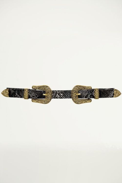 Zwarte riem dubbele gesp, slangenprint riem