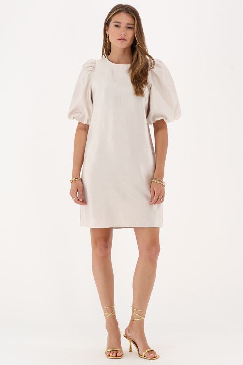 Beige dress in satin look with puff sleeves and bows | My Jewellery