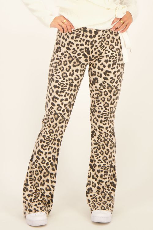 Beige flared broek met panterprint | Broek | My Jewellery