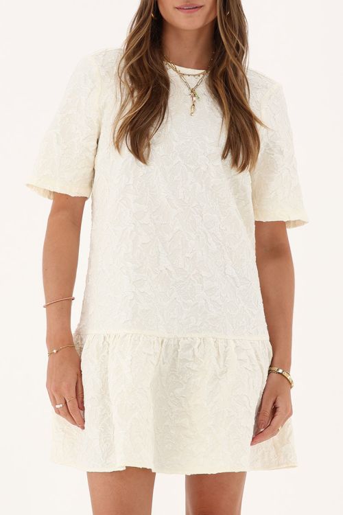 Beige jacquard dress with short sleeves | My Jewellery