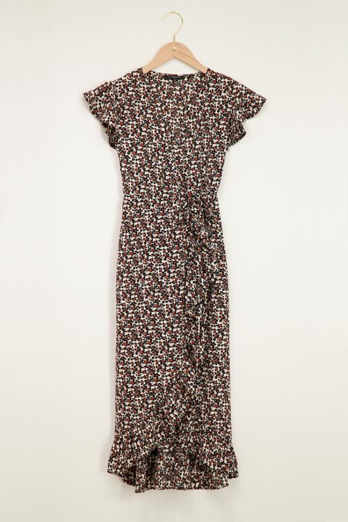 Beige midi jurk met oranje bloemenprint