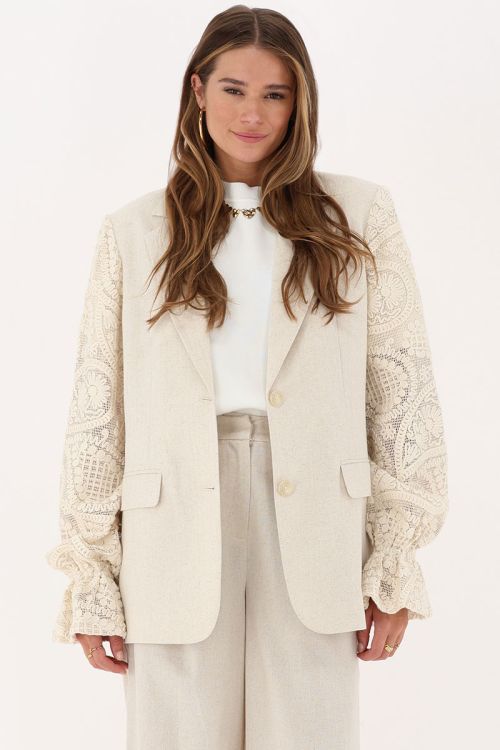 Beige linen-look blazer with crochet sleeves | My Jewellery