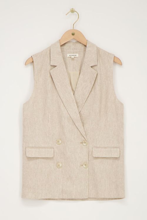 Beige linnen look gilet met dubbele knoopsluiting