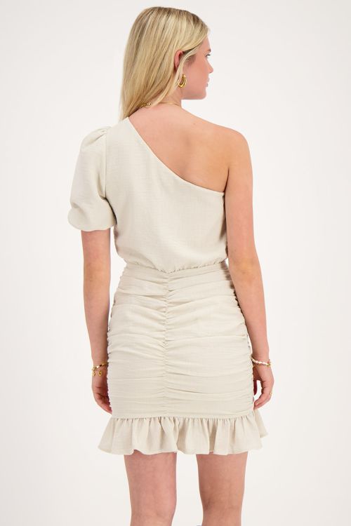 Beige linen look one-shoulder dress | My Jewellery