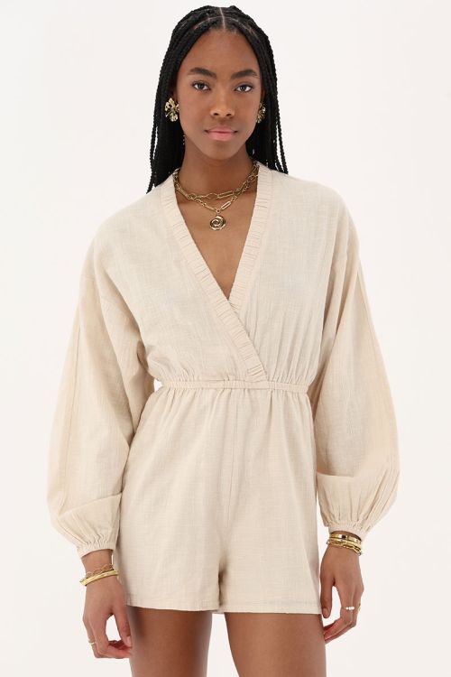 Beige linen look playsuit with v-neck | My Jewellery