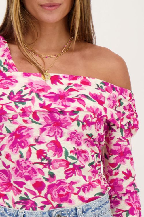 Beige off-shoulder top with pink flower print