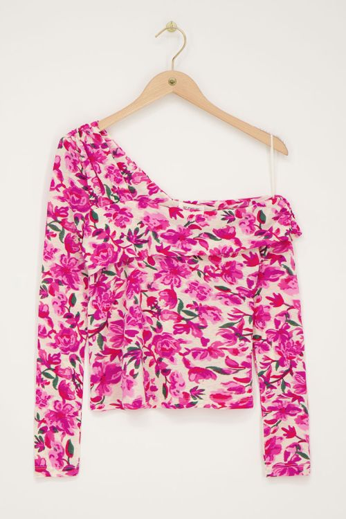 Beige off-shoulder top with pink flower print