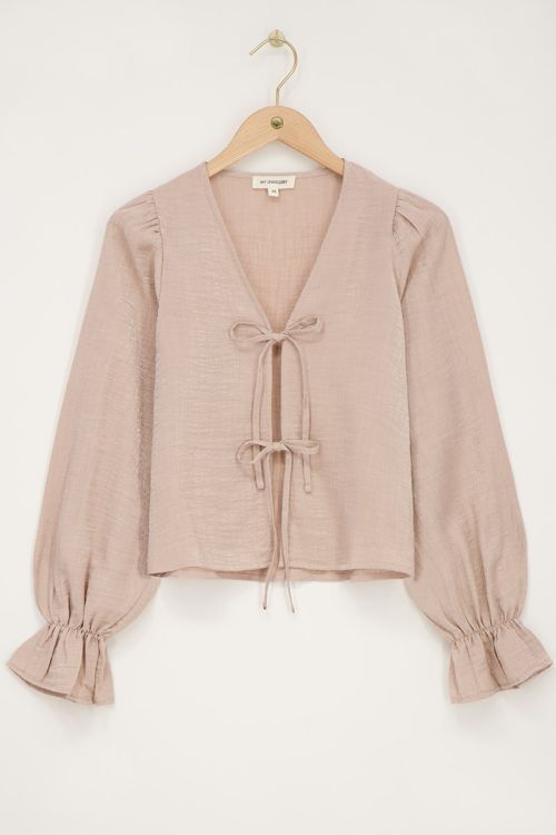 Beige shiny top with bows & ruffled sleeves | My Jewellery