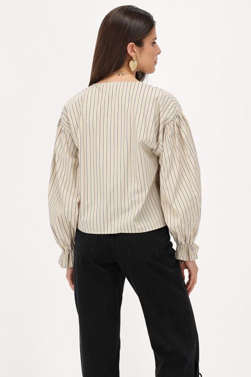 Beige striped blouse with bows & hearts