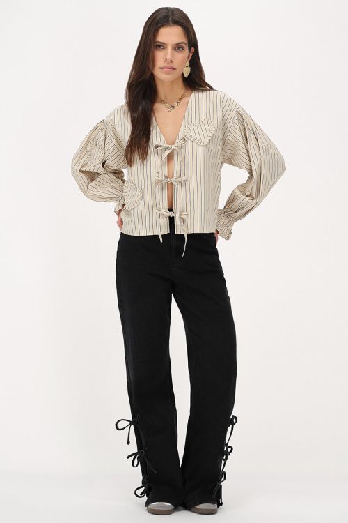 Beige striped blouse with bows & hearts