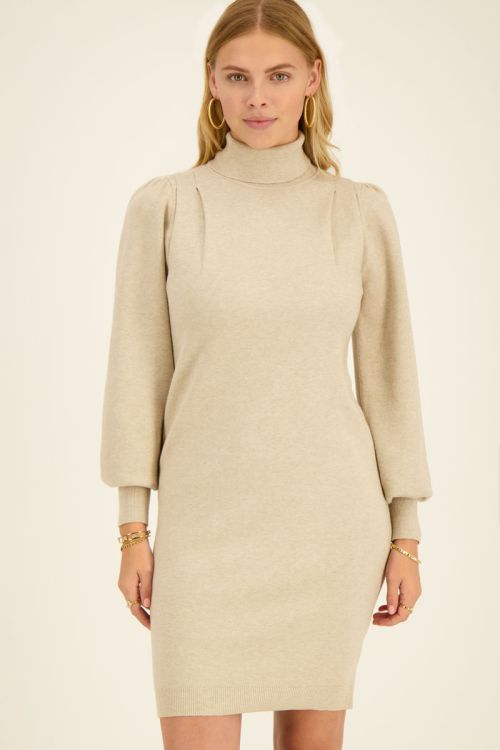 Beige turtleneck dress with puff sleeves | My Jewellery